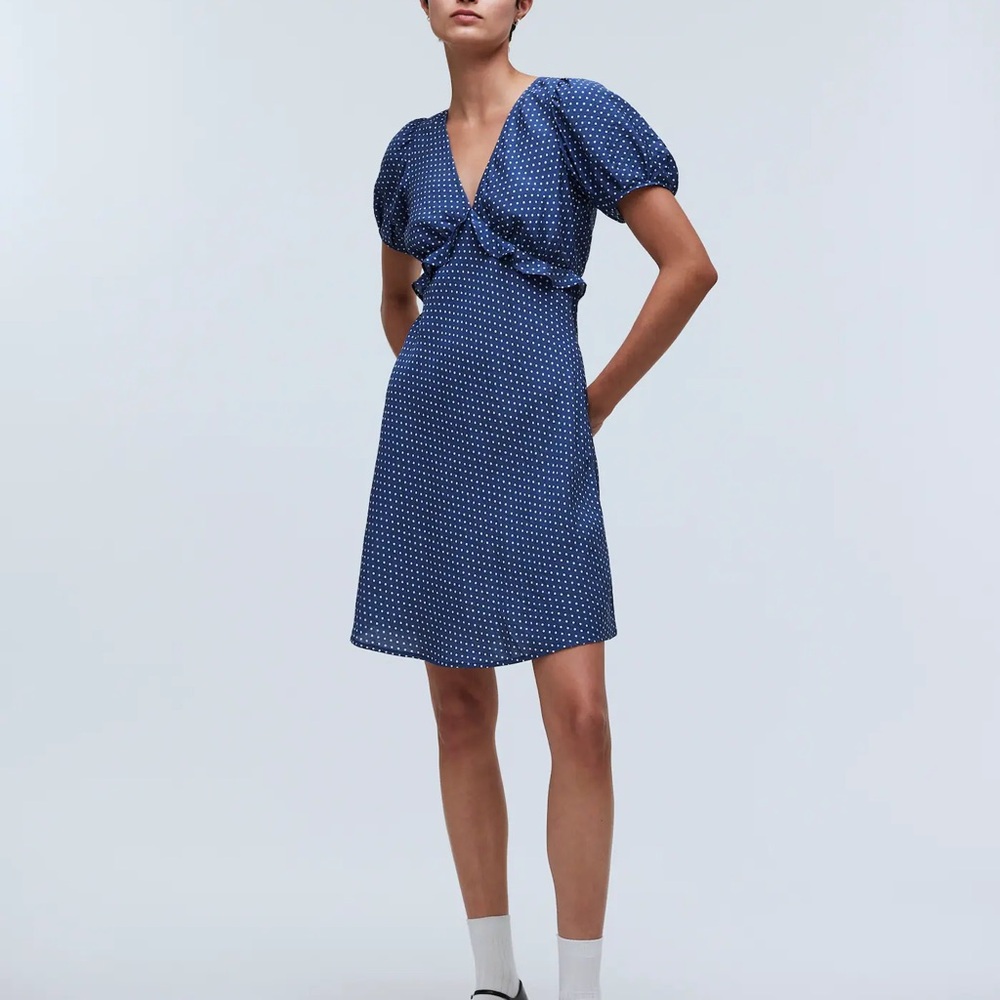 Madewell puff sleeve ruffle mini dress in polka dot NWT